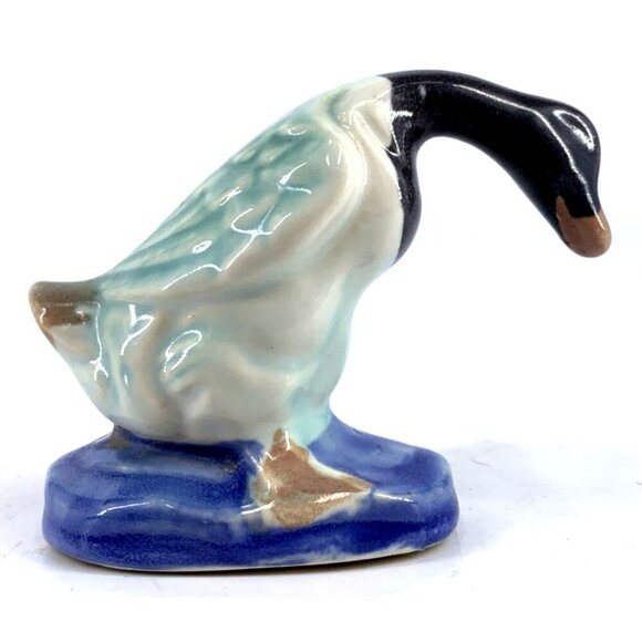 Majolica Figurine Bird Duck Goose Green Swan Porcelain 2 1/4" Tall Vintage - Picture 3 of 7